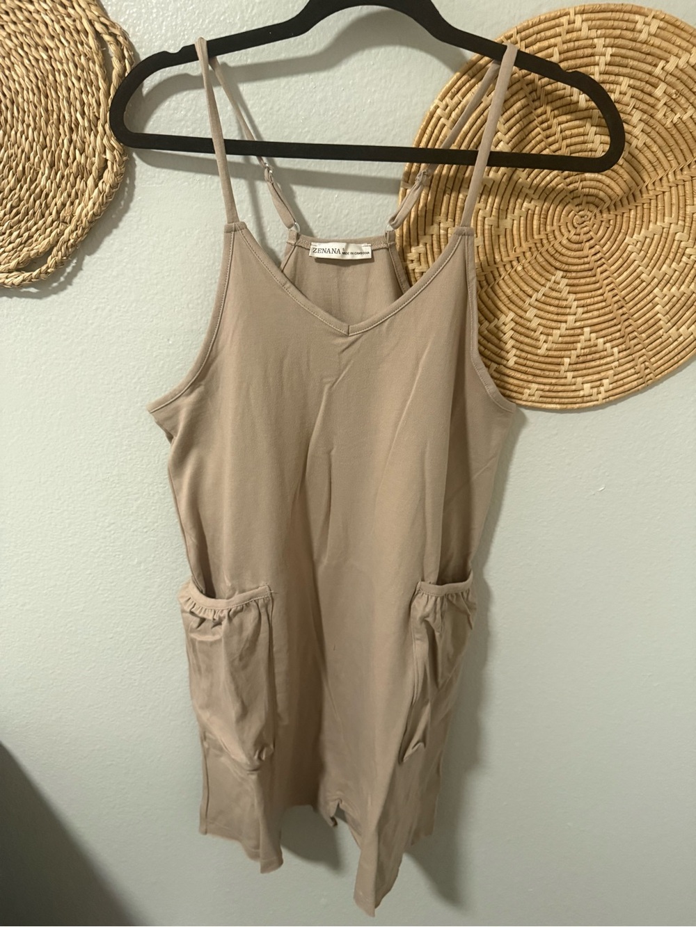 NWOT- Zenana Sleeveless Pocket Romper in Taupe